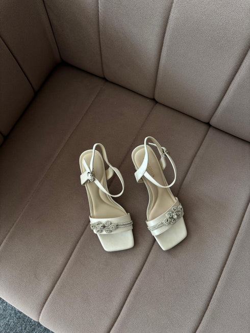 Rhinestone Embedded Square Toe Open Toe Buckle Strap Heels